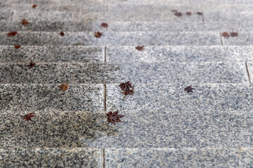 high-angle view of the stone staircases in the rain