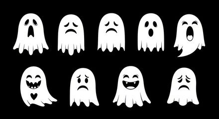 Collection of cartoon ghosts with different expressions on black