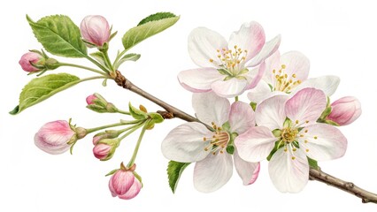 Fototapeta premium Delicate Watercolor Painting of Apple Blossoms on a Branch with Buds