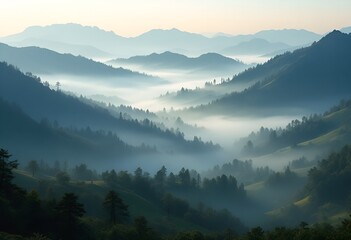 Misty Mountain Valleys A Serene Landscape of Layered Ridges and Fog.