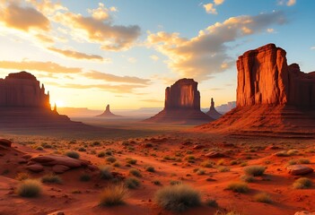Monument Valley Sunrise Majestic Buttes Bathed in Golden Light Arizona Landscape.