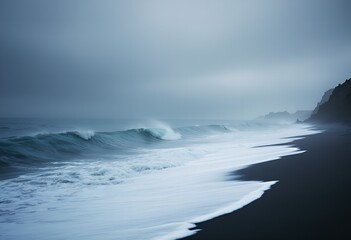 Fototapeta premium Moody Coastal Scene Waves Crashing on Black Sand Beach Under Overcast Sky.