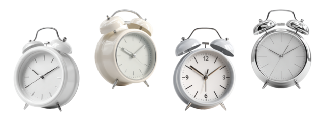 Colorful Retro Alarm Clocks Set, Time Management Concept, isolated on transparent background


