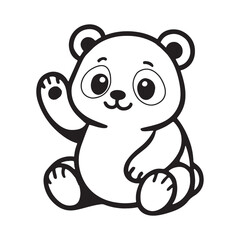 Cute baby panda waving paw in playful black and white cartoon style