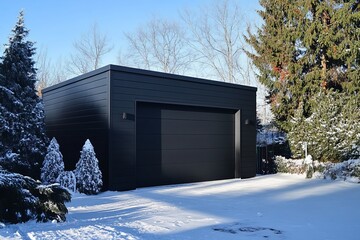 Modern black garage in snowy winter landscape with clean lines and minimalist design surrounded by...