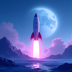 Stylized concept of a sci-fi rocket leaving a futuristic moon base, soft blue and purple hues, atmospheric layers with open horizon 