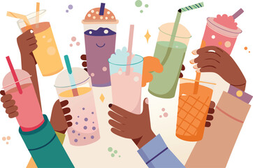 Diverse Hands Holding Colorful Boba Tea Drinks in a Celebration