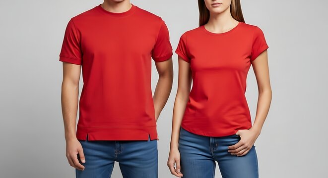 young couple in red t shirt. suitable for your fashion mock up