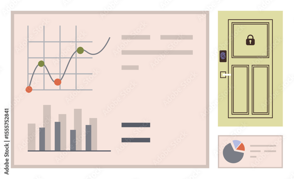 Poster line and bar charts analyze data trends. secured door with keypad highlights access control. circula