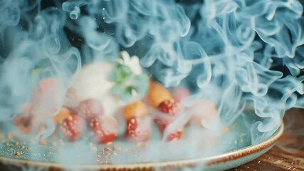 Smoked Dessert Delight: A beautifully presented dish of colorful dessert, enshrouded in an ethereal cloud of vapor, promising a unique culinary experience.