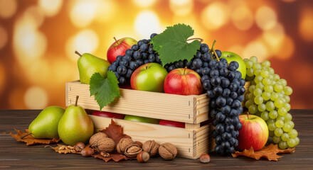 Fresh apples pears and grapes in a wooden crate on a table