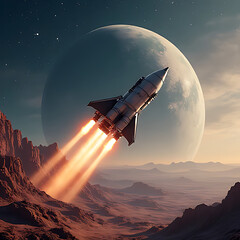 Sci-fi rocket flying over alien landscape with multiple planets and nebula sky, advanced metal textures and atmospheric perspective, balanced composition 