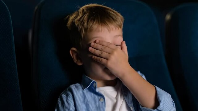 Little boy covering eyes during movie in a dark cinema hall with row of blue seats and wearing a striped shirt, indoor scene of fear and surprise