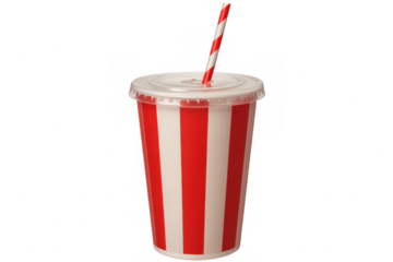 Cold soda beverage pouring into striped paper cup with white lid and red-and-white straw, transparent background