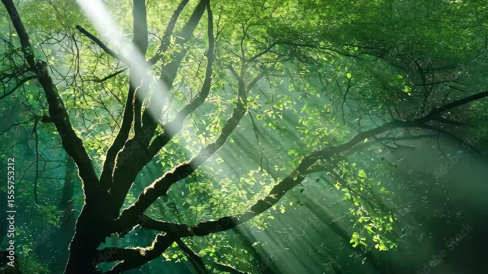 Poster sunlight filters through lush green tree branches in a tranquil forest setting, sun shines through g