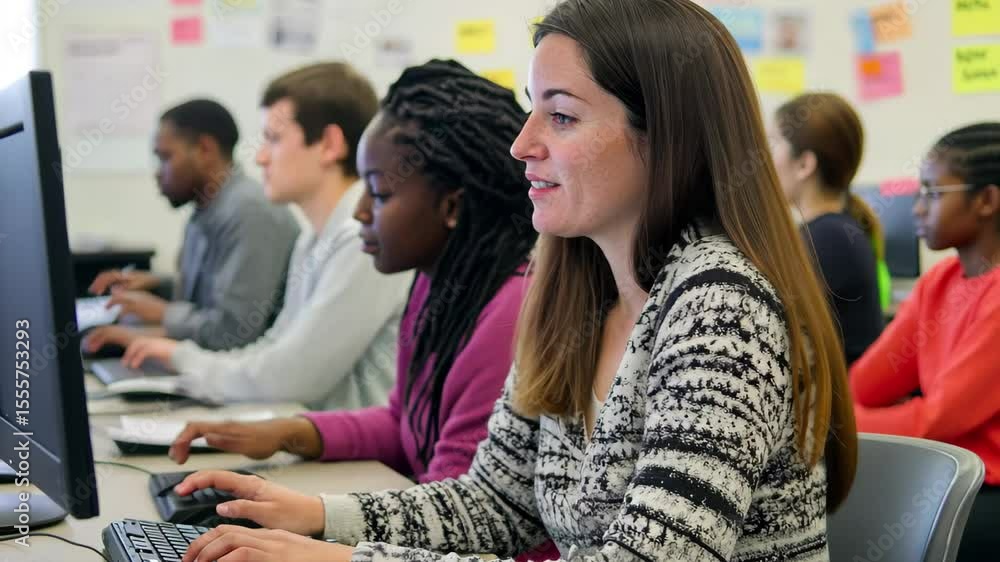 Poster students engage in collaborative computer work while receiving assistance from their teacher in a cl
