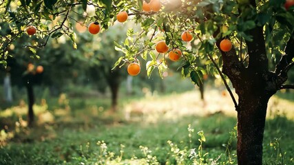 Ripe oranges hanging from trees in a warm and sunny orchard surrounded by lush greenery, Orange trees with ripe fruit in a sunny orchard - Powered by Adobe
