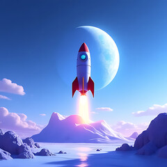 Stylized concept of a sci-fi rocket leaving a futuristic moon base, soft blue and purple hues, atmospheric layers with open horizon 