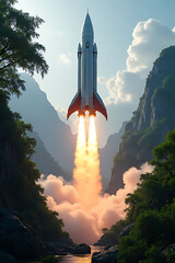 Massive sci-fi rocket ascending from deep jungle biome with glowing engines, balance of nature and technology, clear open sky 