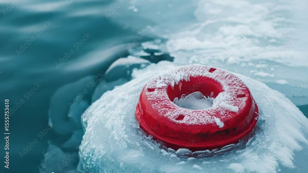 Poster a fire hydrant situated in the middle of a calm body of water, ready for use