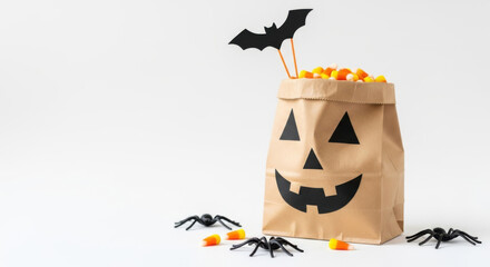 Halloween candy corn in a bag with spiders isolated on white background