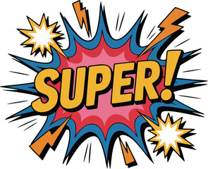 Comic style super word explosion vector illustration with bright colors sound burst elements ideal for pop art sticker cartoon and expressive poster designs