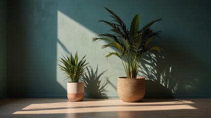 Serene indoor scene features two potted plants in natural light against a calming teal painted wall