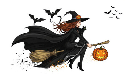 Cartoon witch flying on broom with cat and pumpkin isolated on white