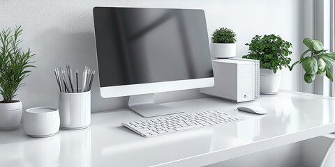 Modern White Desk with Computer and Green Plants in Bright Office Setting