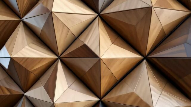 Geometric wooden triangular wall paneling with a three dimensional texture surface pattern and modern design for background use.