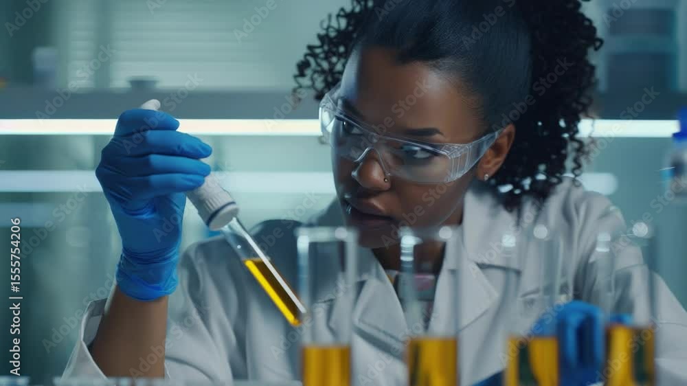 Poster a scientist working in a laboratory, holding a test tube with unknown contents