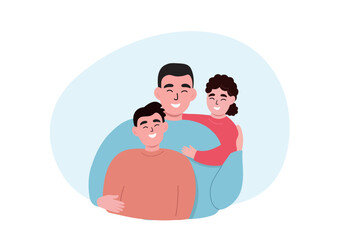 Father with his children together. Happy family, dad, son and daughter hug each other. Vector flat graphics.