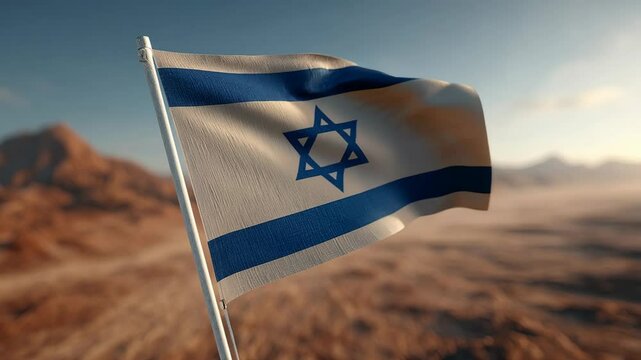 Israeli flag waves on a pole in desert