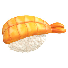 A vibrant 3D rendering showcases a single piece of ebi nigiri sushi, featuring a plump, segmented orange shrimp with its fanned tail draped over a perfectly molded bed of white rice.