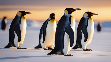 Fototapeta premium Penguins enjoying peaceful snowy terrain surrounded by cold air and frozen environment