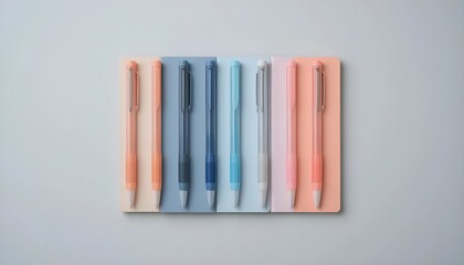 Ai generated image of pastel pens and notebooks arranged neatly on a light gray background