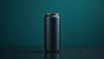 Ai generated image of a black aluminum can with condensation droplets, isolated on a dark background