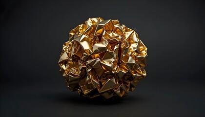 Ai generated image of a crumpled gold sphere with a metallic texture, isolated on a dark background