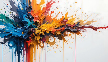 Fototapeta premium A colorful, artistic painting on canvas with vibrant splashes of multiple hues, displayed on an easel with crisp 4K HD detail.