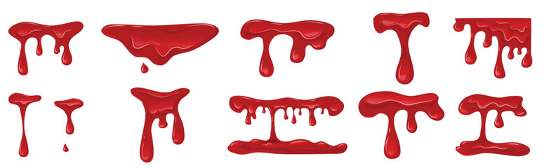 Dripping blood set on a white background. Flowing red liquid, red viscous slime. Vector cartoon illustration.

