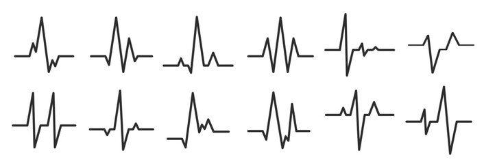 Ecg. Sinusoidal pulse lines, frequency heartbeat stress testing life, monitor with signal graphic pulsing, cardiogram heartbeat logo vector electrocardiogram beat set
