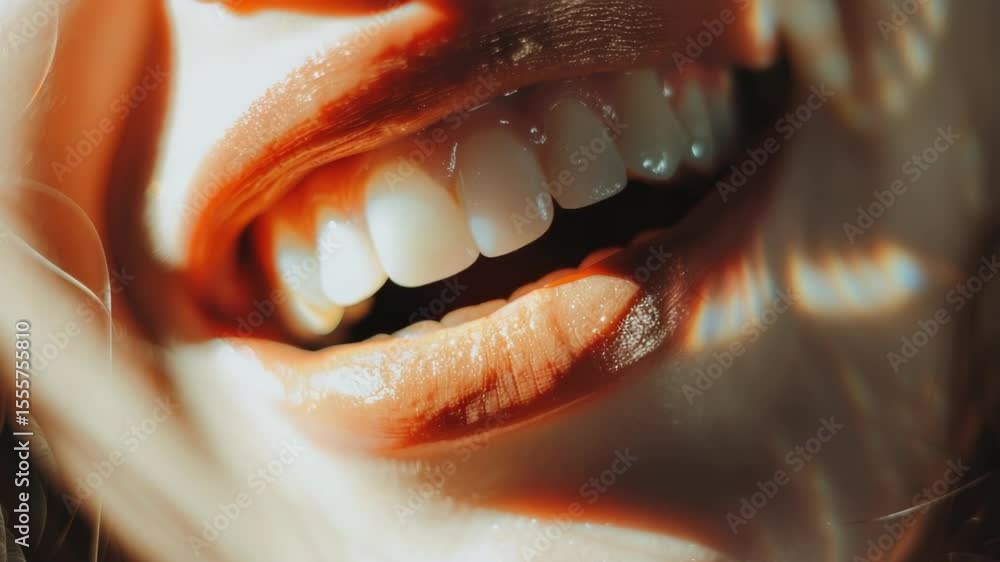 Poster a close-up view of a person's mouth with white teeth, suitable for use in images about happiness and