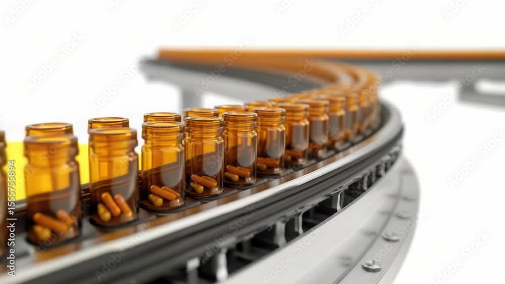 Poster a conveyor belt transporting bottles filled with various types of nuts, suitable for food and bevera