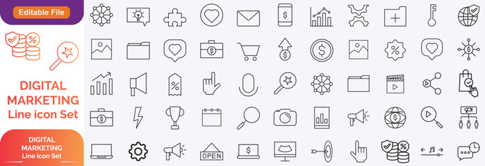 Digital marketing set of web icons in line style. Marketing icons for web and mobile app. Communication, advertising, e commerc, seo, content, product, target audience, website, social media and more.