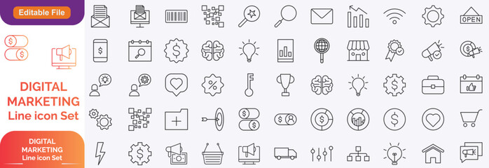 Digital marketing and line icons set. Marketing & Search Engine Optimisation outline icons collection. Website, search, mail, analysis, content, strategy, development, stock vector. Line icon set.....