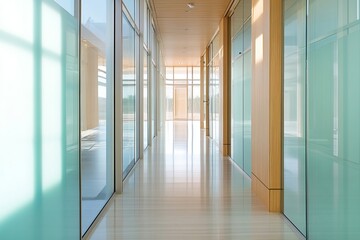 Modern office corridor with glossy floor and wooden doors creating a clean professional workspace atmosphere