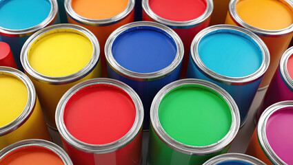 Vivid and vibrant array of colorful paint cans perfect for creative projects and home improvement endeavors.