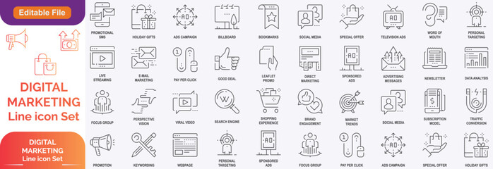 Digital marketing and line icons set. Marketing & Search Engine Optimisation outline icons collection. Website, search, mail, analysis, content, strategy, development, stock vector. Line icon set.....