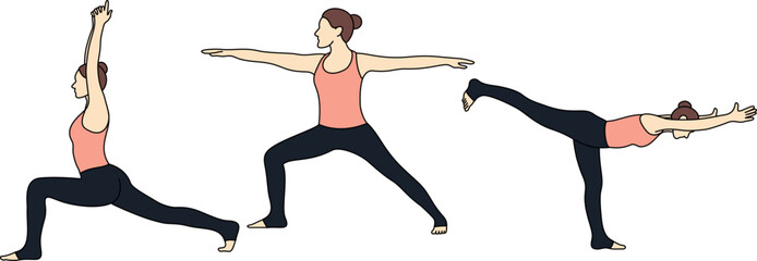 Female Yoga Warrior and Balance Poses Collection. Woman Practicing High Lunge, Warrior II, and Warrior III Yoga Asanas. Ideal for yoga class, tutorials, fitness, meditation, and wellness designs