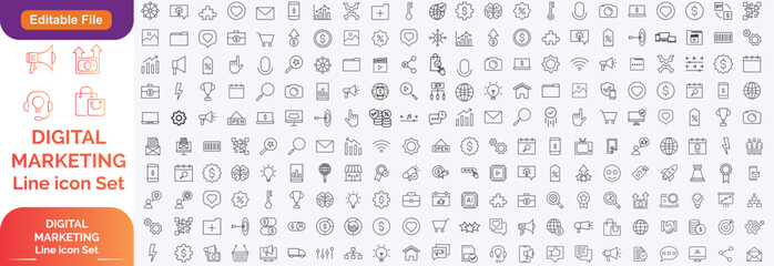 Digital marketing and line icons set. Marketing & Search Engine Optimisation outline icons collection. Website, search, mail, analysis, content, strategy, development, stock vector. Line icon set.....